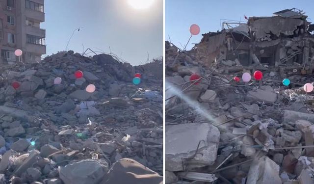 Hatay'da depremde hayatını kaybeden çocukların anısına, enkaza balonlar bağlandı