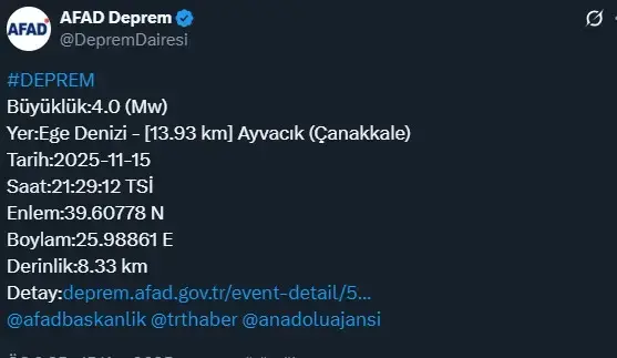 Ege Denizi'nde 4 büyüklüğünde deprem
